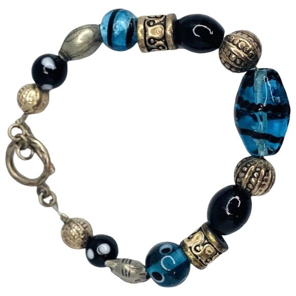 Vintage Blue Glass 925 Sterling Silver Bracelet 8" Toggle Clasp Signed - Picture 6 of 10